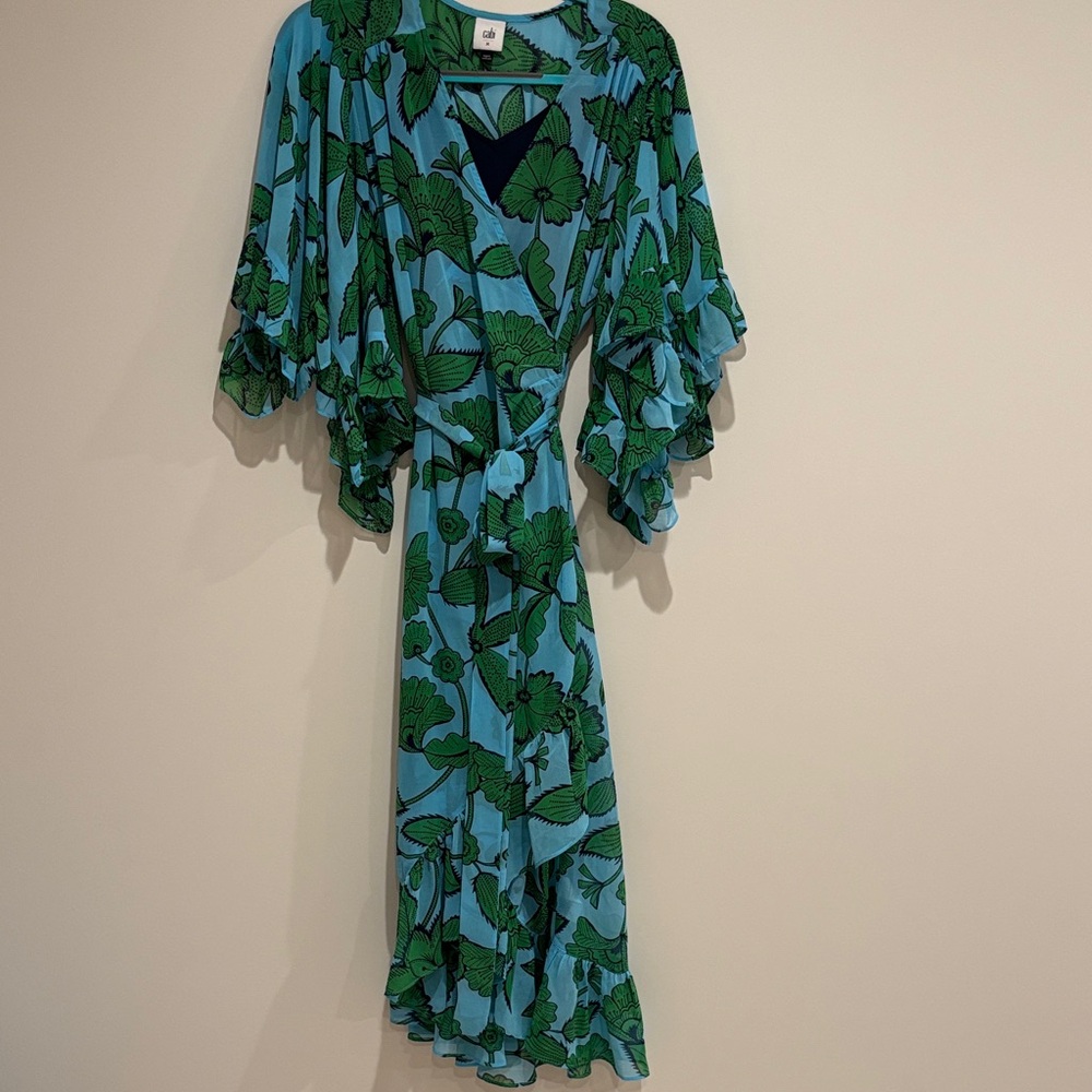 CAbi Green and Blue Floral Kimono Maxi Dress